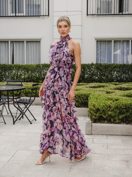 Elliatt Dresses & Skirts - elliatt solene purple & black floral print halter tiered maxi gown dress medium